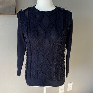J. Crew Wool Cable Knit Crewneck Fringe Sweater Navy Blue